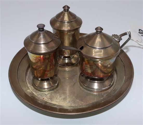 George V silver three piece condiment set & circular stand